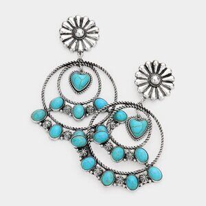 NWT Bohemian Antique Silver Heart Turquoise Stone Dangle Earrings